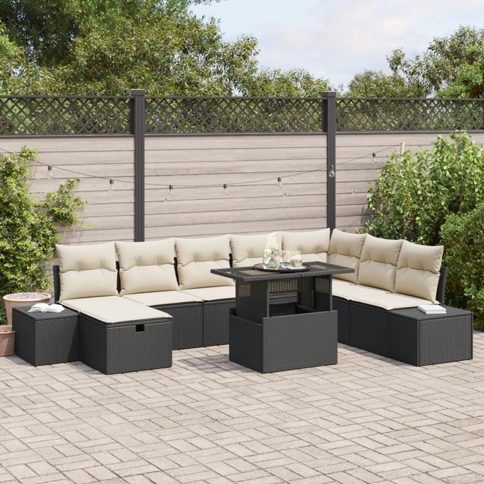 VidaXL Ensemble de Canapé de Jardin de 9 Pièces avec Coussins Noir Poly Rattan 3361226