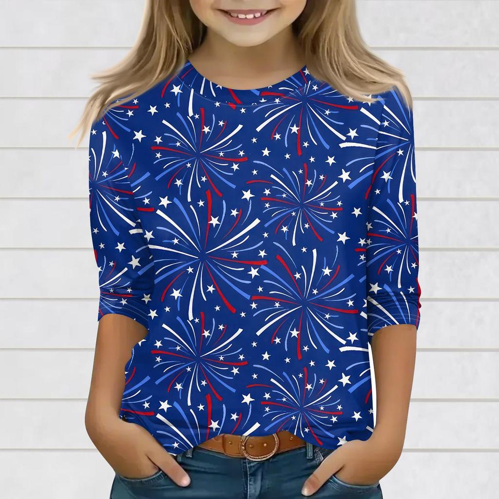 Print Tops For Youth Girls 3-10 Years Round Neck 3/4 Sleeves T-Shirts Trendy Tops Outfit Tees