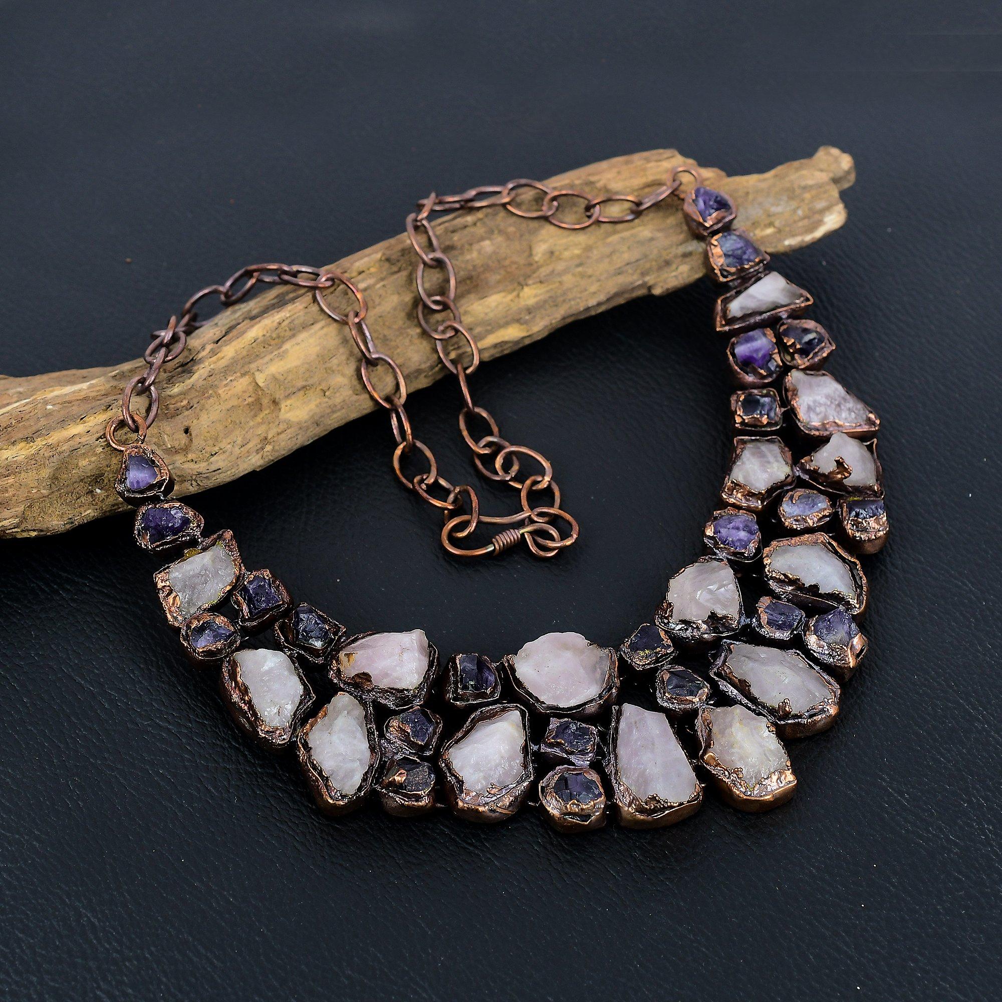

Rose Quartz Rough Gemstone Necklace, Copper Electroformed Handmade Designer Necklace Jewelry, Adjustable Chain Necklace Gift For Women