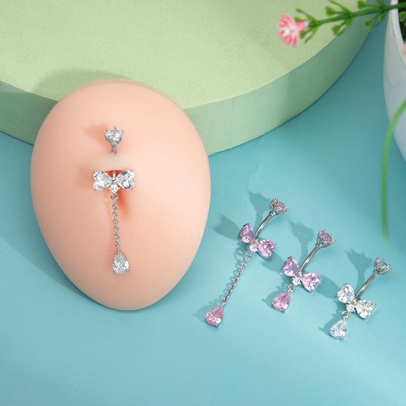 Sweet  Bowknot Heart Navel Ring For Women Girl Exquisite Shining Zircon Belly Button Ring Sexy Body Piercing Jewelry Gift