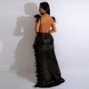 European & American Sexy Feather Sequin High Slit V-Neck Open Back Party Dress