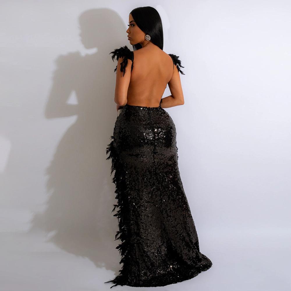 European & American Sexy Feather Sequin High Slit V-Neck Open Back Party Dress