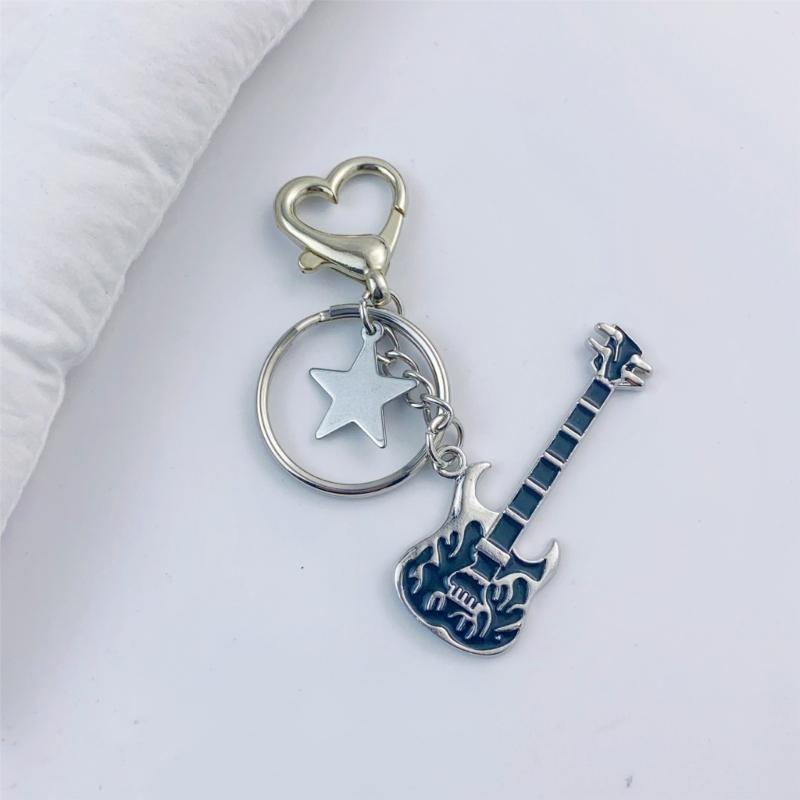 Elegant Full Rhinestones Metal Guitar Keychain Star Charm Keyring Pendant for Music Lovers and Fashion Enthusiasts