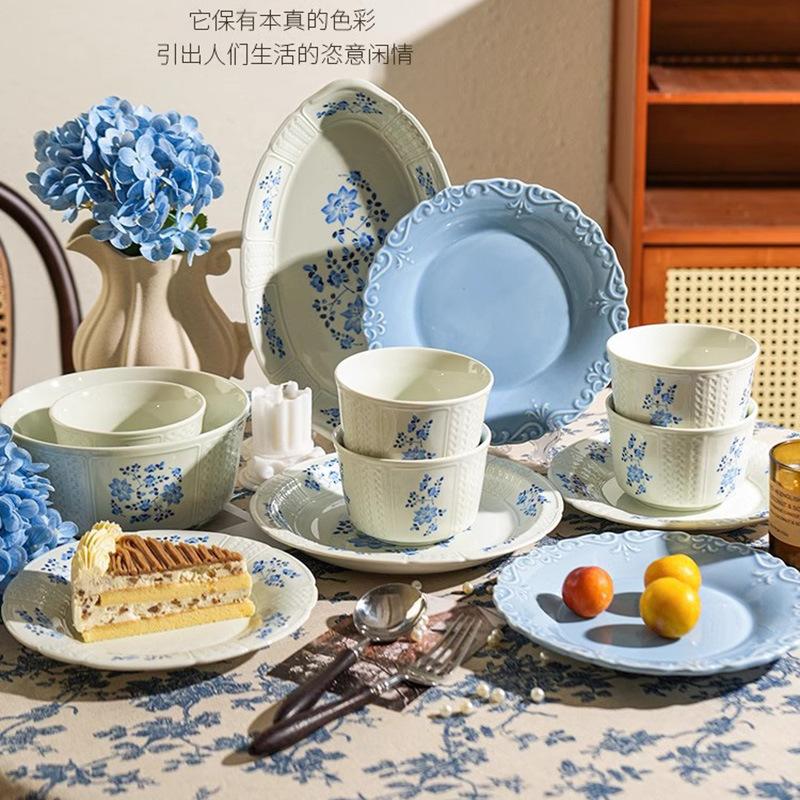 French Blue Flower Retro Tableware Set, High-Value Ceramic Bowls, Plates, Bowls, Housewarming, New Year'S Dish Set, Household