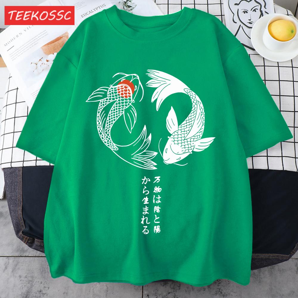 Two Koi Fish Swimming In Waterprint Men TShirts Cotton AllMatch T Shirt Comfortable Crewneck Tops Loose Unisex Summer Clothes