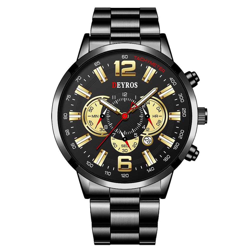 

Модний чоловічий годинник Календар з ремінцем із нержавіючої сталі Годинник з великим циферблатом Великий цифровий годинник, кварцовий годинник із подвійною шкалою Спортивний чоловічий годинник чорний/золотий