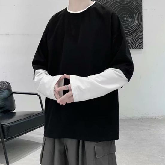 Men T-shirt Fake Two Pieces Long Sleeves O Neck Contrast Color Sweatshirt Warm Casual Plus Size Soft Hip Hop Men Top for School