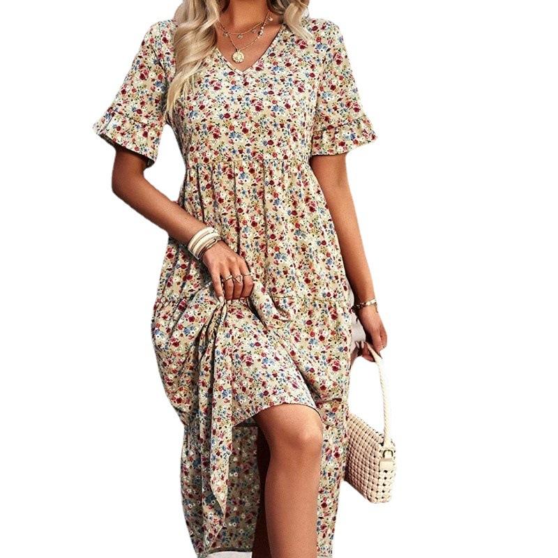 

Women s Multicolor Floral V-Neck Short Sleeve Dress with Asymmetrical Hem, Summer Boho Dress XL абрикосовий
