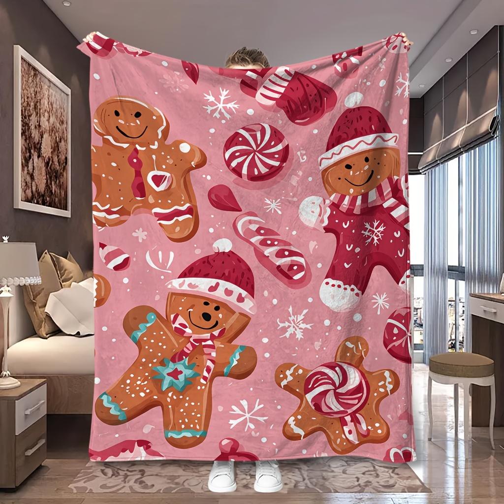 1pc Gingerbread Man Santa Cookie Xmas Holiday Print Flannel Blanket, Skin-Friendly And Practical, Suitable for Blankets, Bed Covers, Living Room, Trav