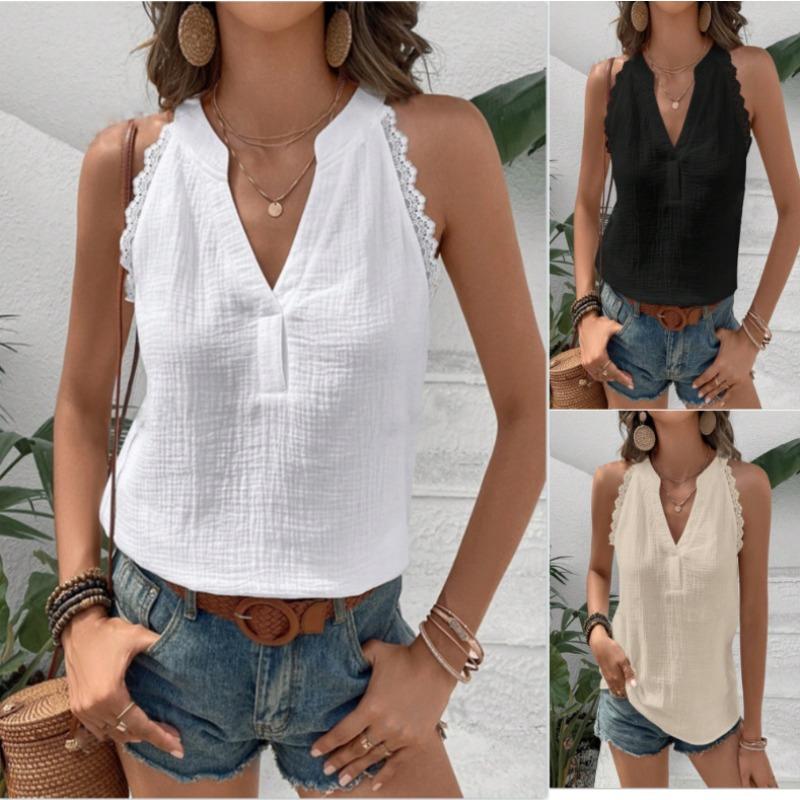 Summer Solid Color V-neck Sleeveless Shirts Sexy Off Shoulder Loose Casual Top for Women Blouses
