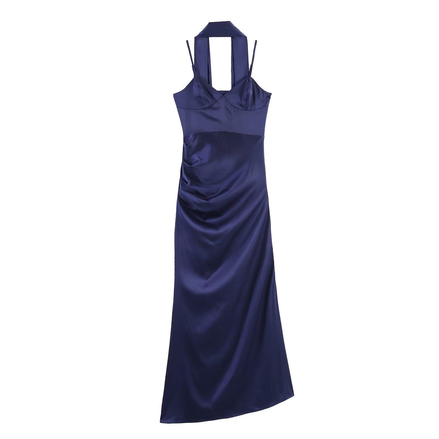 European and American style new women s fashion, stylish scarf strap strap stretch satin long dress S темно-синий