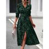 Women's Turn Down Collar Three Quarter Sleeve A-Line Maxi Dress High Waist Commuter Printed Shirt Midi Dress