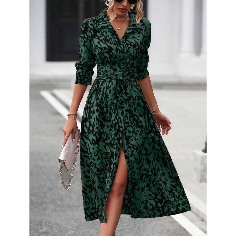Women's Turn Down Collar Three Quarter Sleeve A-Line Maxi Dress High Waist Commuter Printed Shirt Midi Dress