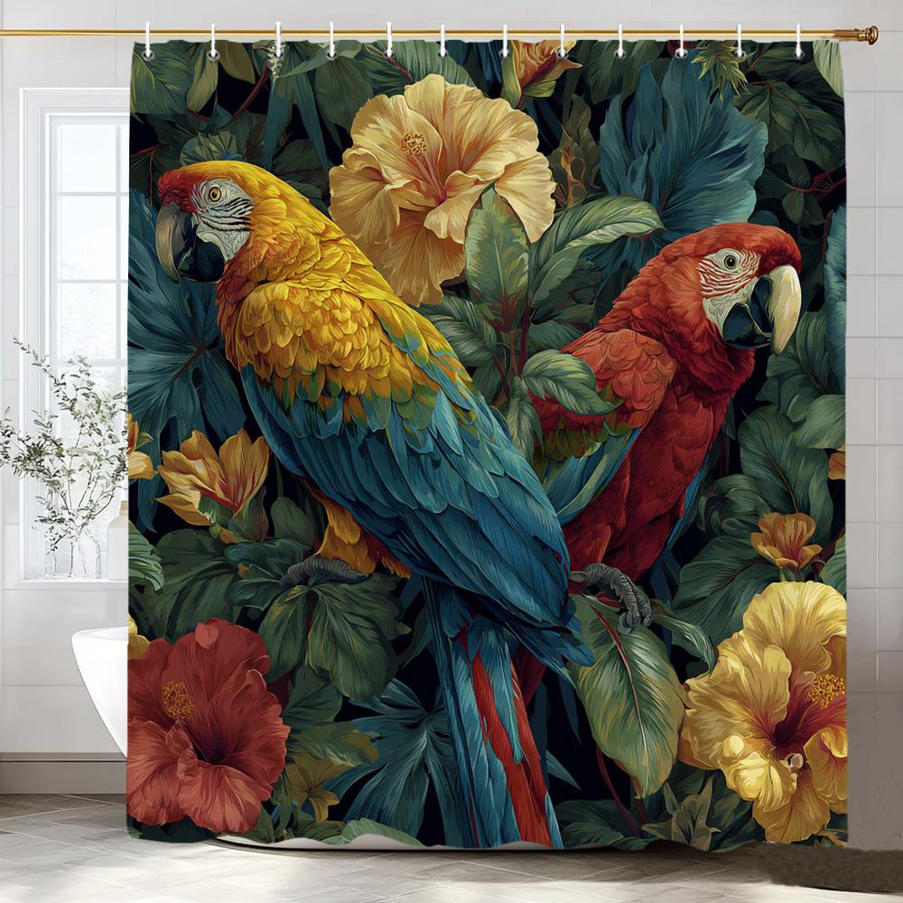 Tropical Plants, Flowers and Birds Shower Curtain, Bathroom Decorative Shower Curtain, Print Polyester Fabric Curtain with Hooks