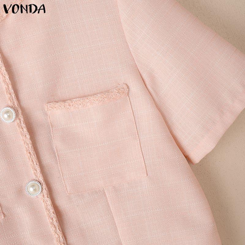 VONDA Elegant Women Short Sleeve Texture Hem Patchwork Buttons Casual Cropped Blouse Tops