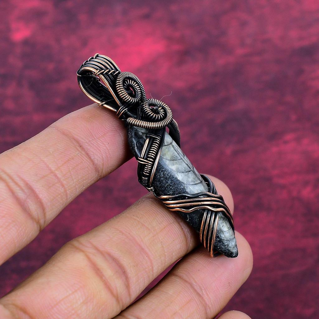 Orthoceras Fossil Pendant Handmade Pendant Gemstone Copper Wire Wrapped Jewelry