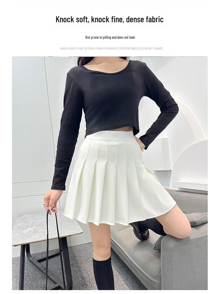 2025 Černá plisovaná midi sukně s vysokým pasem pro ženy - Áčkový střih, vysokoškolský styl, proti odhalení, zeštíhlující střih