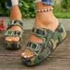 Women's Denim Camouflage Wedge Sandals, Buckle Design Open Toe Summer Shoes, Casual Outdoor Vacation Beach Slide Sandals