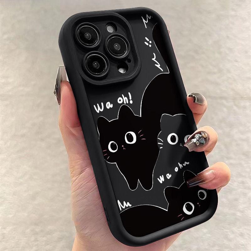 Cartoon Little Black Cat Cute Couple Phone Case For iPhone 16 15 14 13 PRO MAX 11 12 X XS XR 7 8 Plus Mini Y2k Shockproof Cover