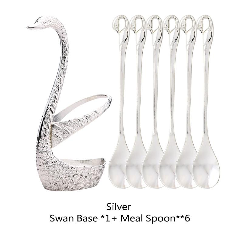 Stainless Steel Swan Base Holder with 3 Dessert Forks Coffee Spoons Set Tableware Home Decor Swan Base Holder Fruit Forks Set