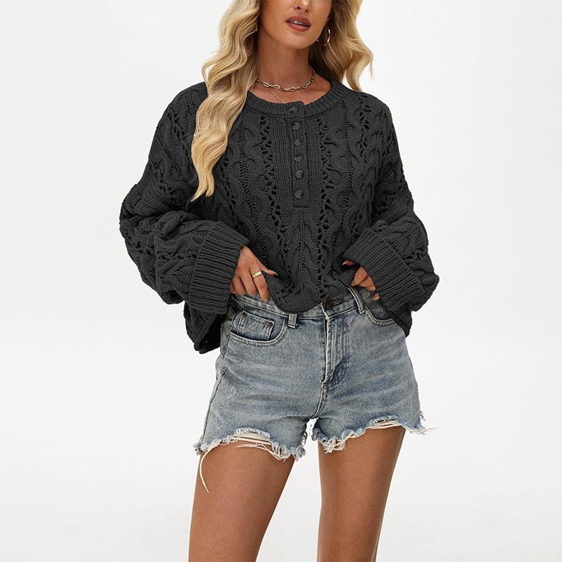 New autumn and winter button sweater women's clothing hot sale loose solid color pullover short knitted sweater