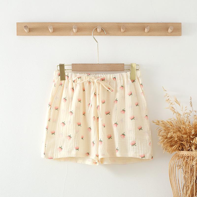 Women's summer pure cotton cotton Japanese printed thin shorts summer pajama pants home pants loose outer wear