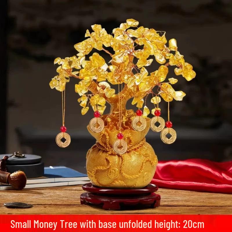 Citrine Money Tree Figurine: Attracts Wealth & Fortune, Perfect for Wine Cabinet or Living Room Entrance Decor.