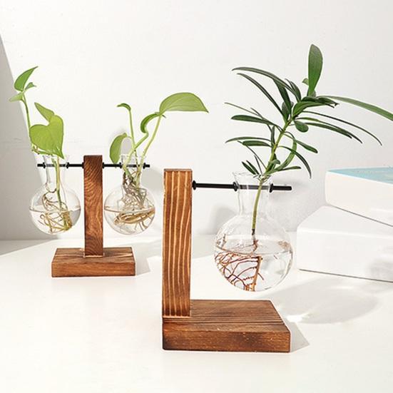 Plant Propagation Station with 1/2 Glass Vases And Wood Stand Decorative Tabletop Terrarium Planter Clear Glass Hydroponic Vase for Office Garden Home