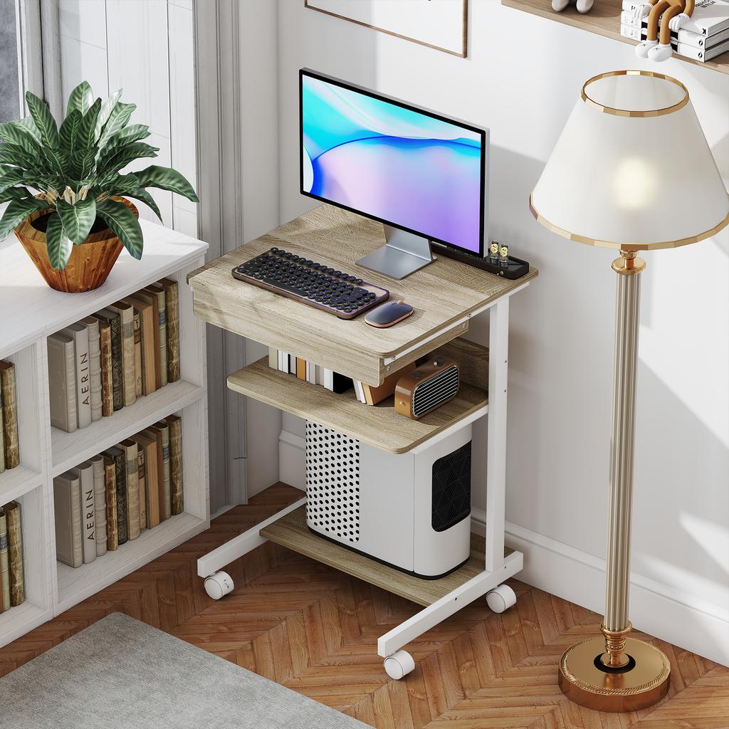 Rolling Desk with Drawer and Shelves, 4 Wheels, Compact, Chipboard, Metal