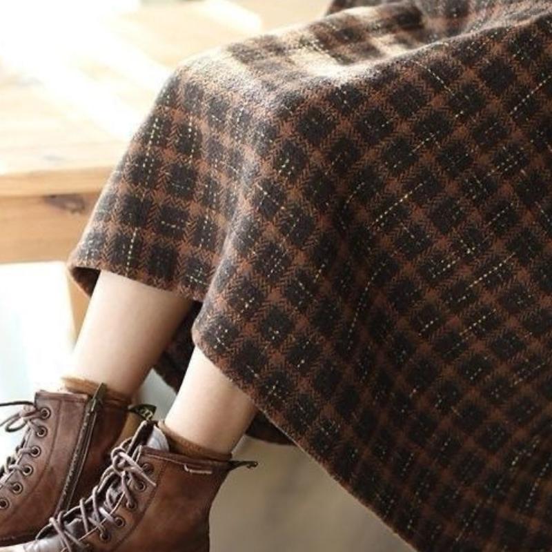 Retro Zesílená Dámská Podzimní Zimní High-End Vlněná Kostkovaná Midi Sukně Slim-Fit
