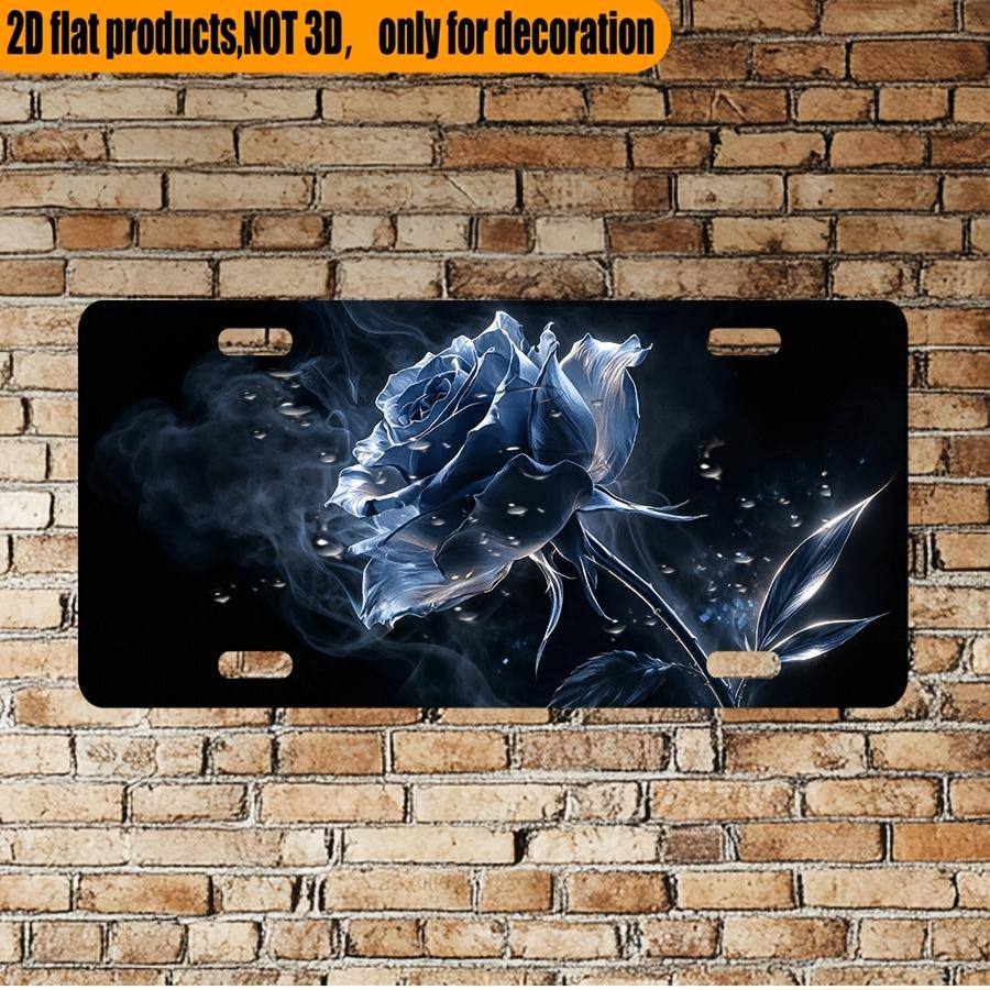 2D Flat, 1pc, for Decoration Solely, 12X6 Inch Side View Smoky Blue Rose with Leaves Aluminum License Plate, for Home Cafe Bar Wall And Car Decor, Per