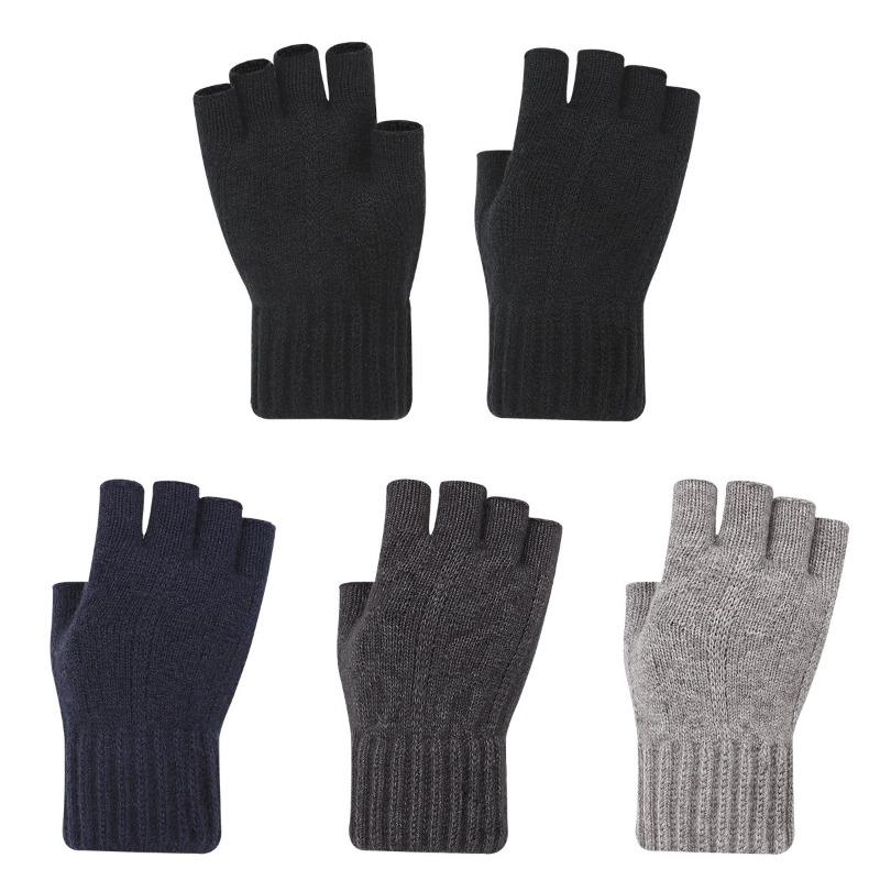 Winter Touch Screen Gloves Men's Finger Warm Piled Thickened Jacquard Wool Half Finger Knitted Gloves