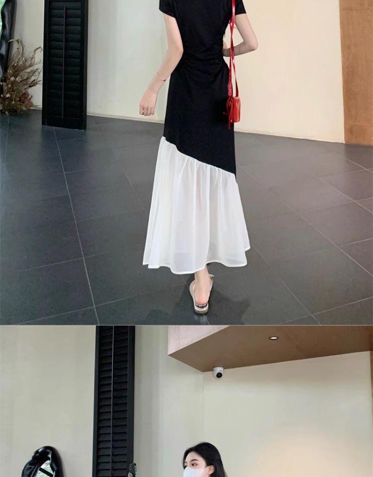 Plus Size Hepburn Style Color Block Summer Dress - Short Sleeve, Waist Slimming, Patchwork Design.