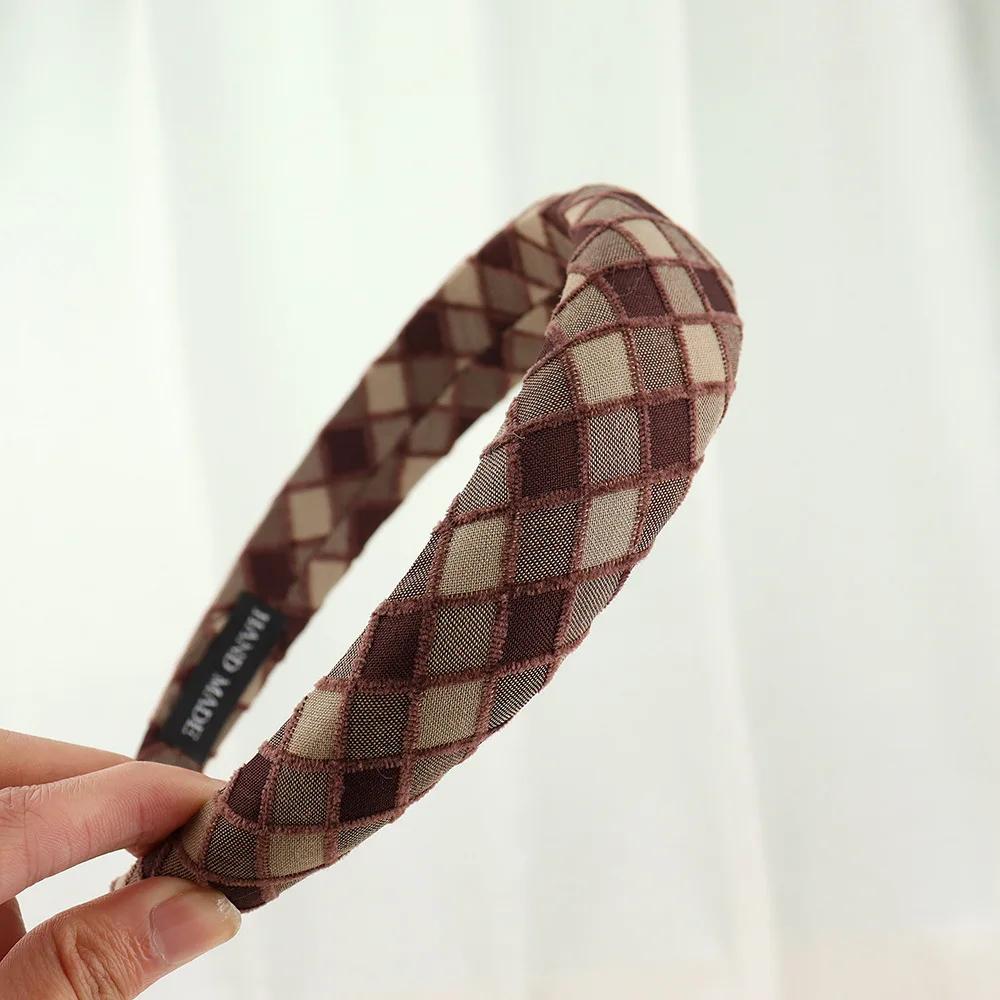 

Корейская клетчатая тканевая повязка на голову с цветком, милая и очаровательная девичья повязка на голову, губчатая высокая макушка, ободок для волос