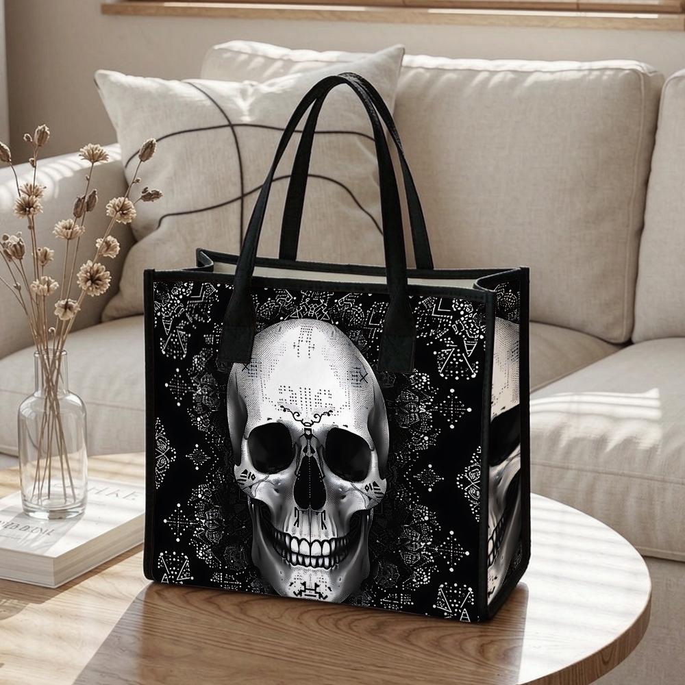 Gothic Skull Pattern Tote Bag Daily Use Portable Shoulder Bag Stylish Punk Casual Handbag