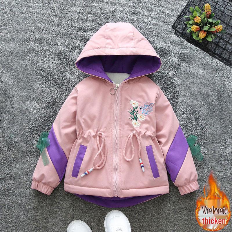 2025 Autumn/Winter Girls' Warm Fleece-lined Hooded Windbreaker Coat with Waist-cinching for Children
