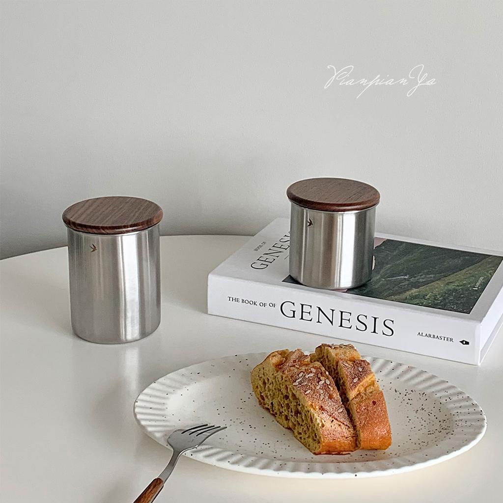 Luftdichter Edelstahl-Kaffeebehälter mit Holzdeckel, Kleines tragbares Kaffeebohnen-Aufbewahrungsglas für die Küche