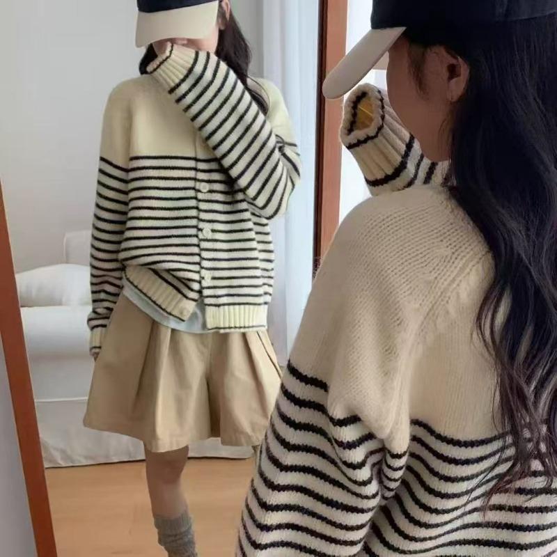 New Striped Contrasting Color Design Round Neck Single-breasted Long-sleeved Loose Knitted Cardigan Basic Coat