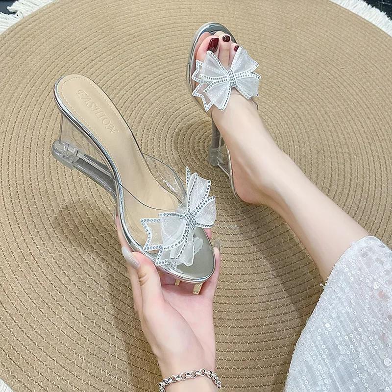 Fashion 2025 Summer Fashion High Heel Sandals for Women, Bow Bow, Slope Heel, Straight Line, Wearing Outside, Fairy Wind Cool Slippers