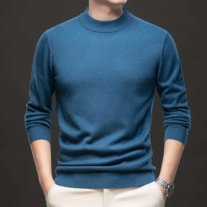 Autumn And Winter Men'S Slim Fit Solid Color Bottom Top Warm Sweater Knitted Sweater Semi-Turtleneck Pullover Men'S Clothing