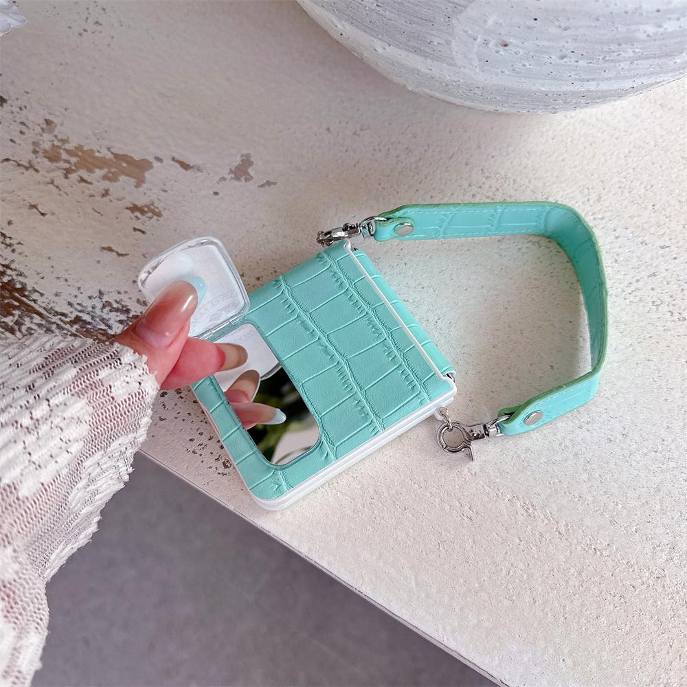 Pastel Crocodile Embossed PU Leather Mirror Bracket Phone Case for SamSung Galaxy Z Flip 8 7 6 5 Hand Wrist Strap Protect Cover