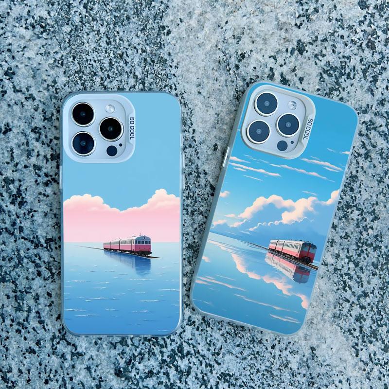 Sea Blue Sky Beach Rail Car Laser Phone Case For iPhone 16 11 12 13 Pro Max Mini 15 14 Pro Max Plus Shockproof Back Cover Fundas