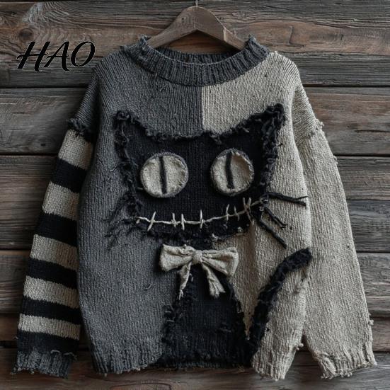 Layering Sweatshirt Halloween Gruseliges Gesicht Pullover für Damen Patchwork Print Strick Frühling Herbst Winter Oberteil Langarm Rundhals Genäht Herbst Outfit