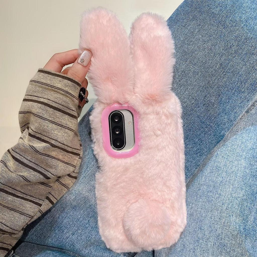 Luxury 3D Rabbit Ears Warm Furry Plush Phone Case For Samsung Galaxy S23 S24 S25 S26 Ultra Plus A56 A54 A55 A36 Shockproof Cover Camera Frame Stand