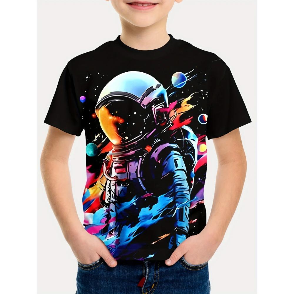 Fashionable Space Cartoon Pattern 3D Printed Boy Round Neck Short Sleeved T-shirt