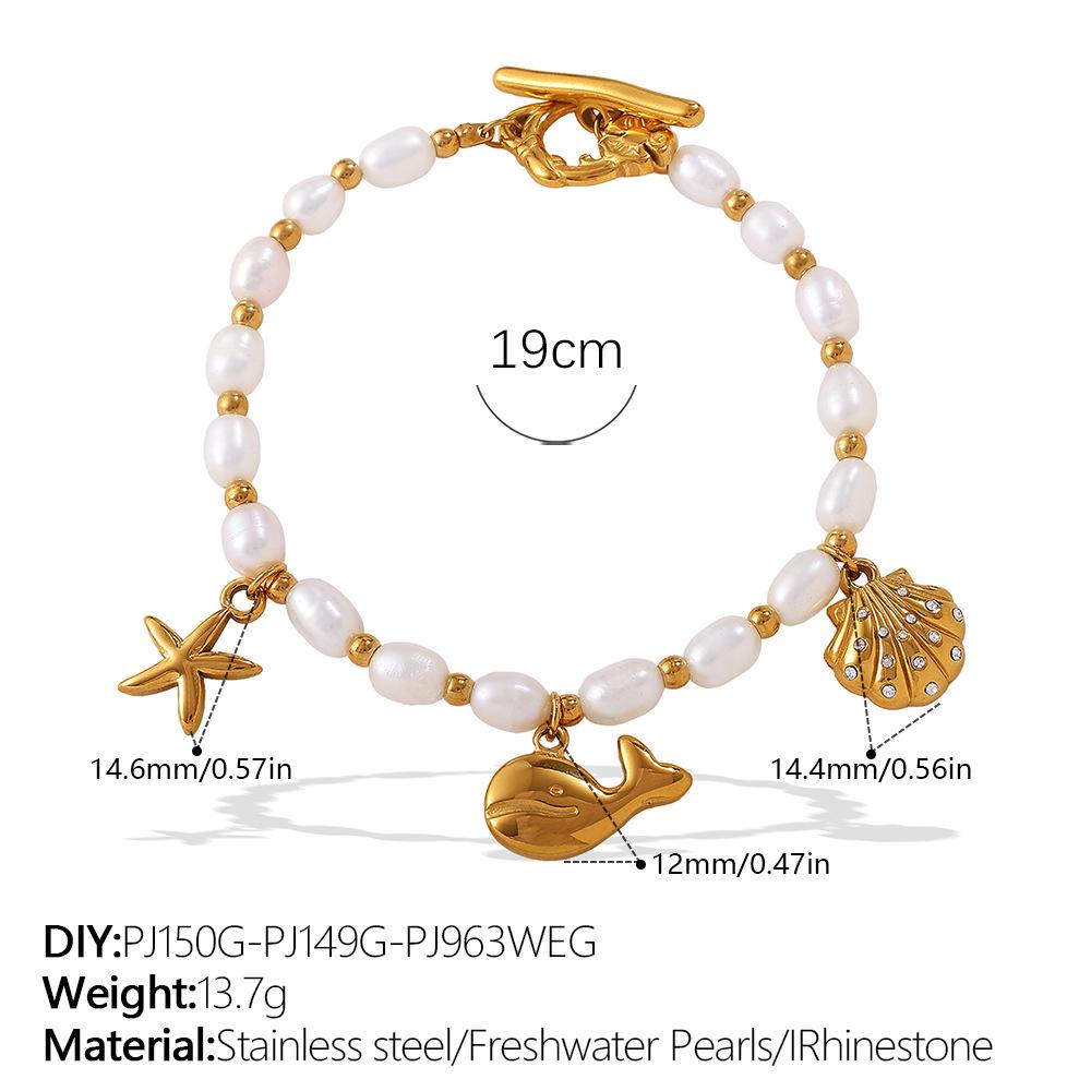 Elegant Pearl and Stainless Steel Beach-Style Necklace & Bracelet Set for Women