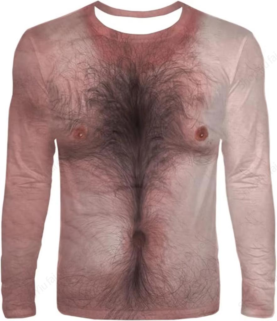 3D Funny Muscle Body Printed T-shirts Slim Oversized Round neck Long Sleeve T-shirts Ugly Chest Hair Tops