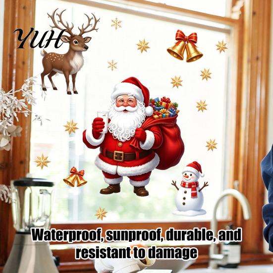 Elk Pattern Wall Decals Christmas Window Static Clings, PVC Santa Claus Snowman And Decorative Gifts Decals, Waterproof Reusable Glass Stickers