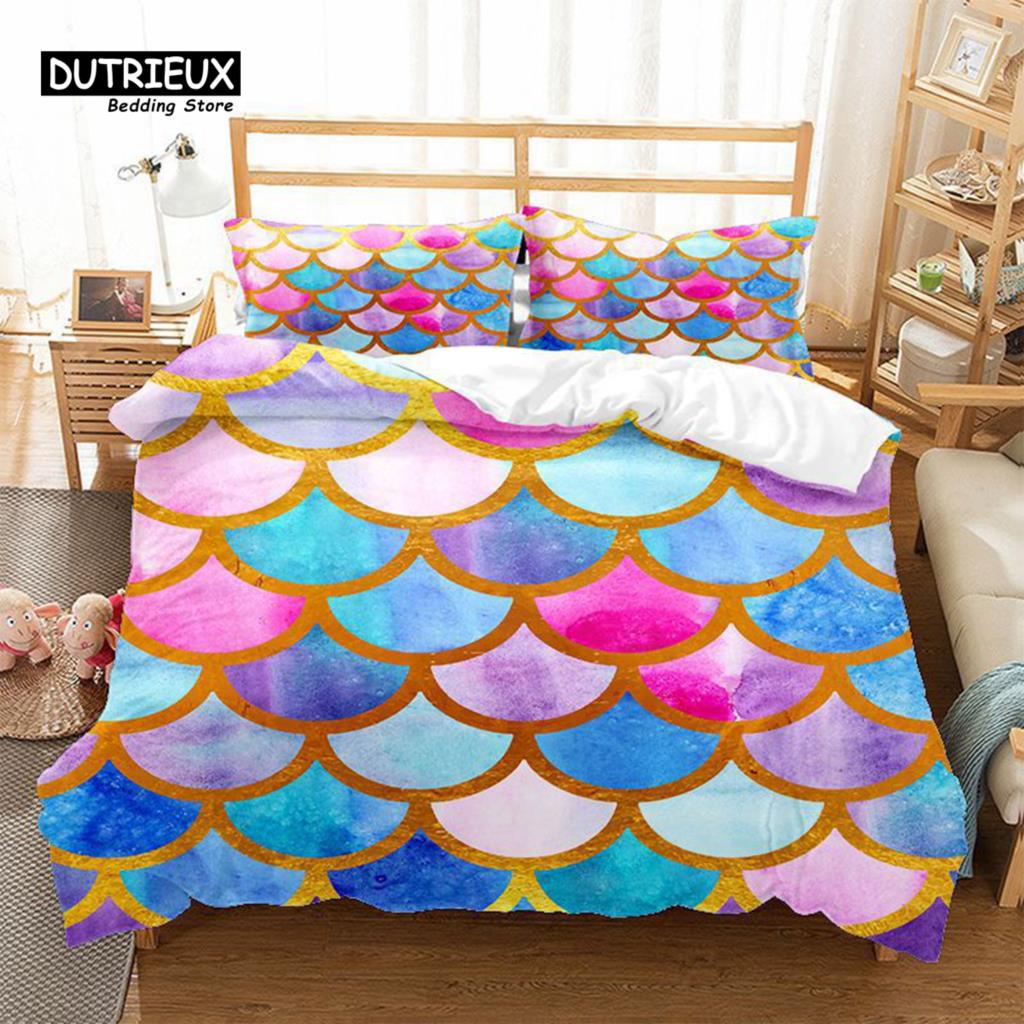 Mermaid Fish Scales Duvet Cover Magical Colorful Seamless Pattern With Fish Scale Net Print Bedding Set Microfiber Quilt Cover