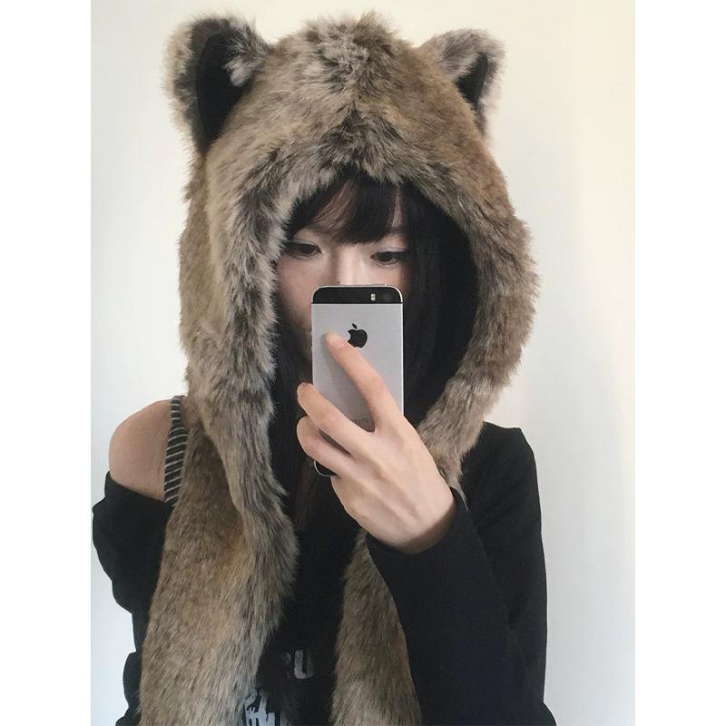 Punk Winter Versatile Abbey Hottie Plush Hat Fox Hair Faux Fur Scarf Gloves Integrated Warm